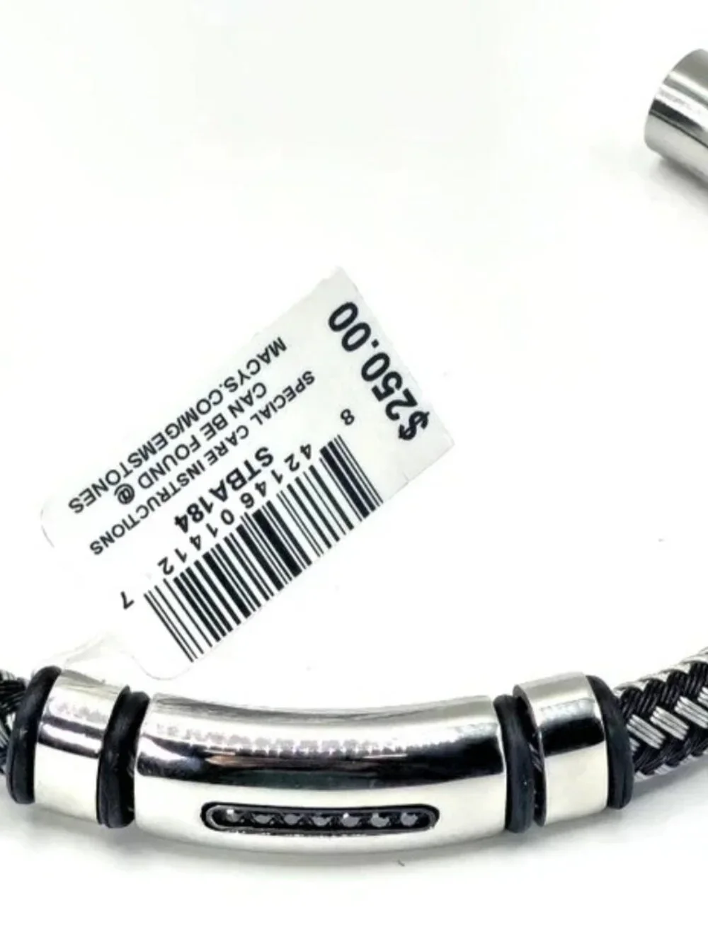 Macys Mens Black & Silver Stainless Steel Braided Bracelet with Accent Stones